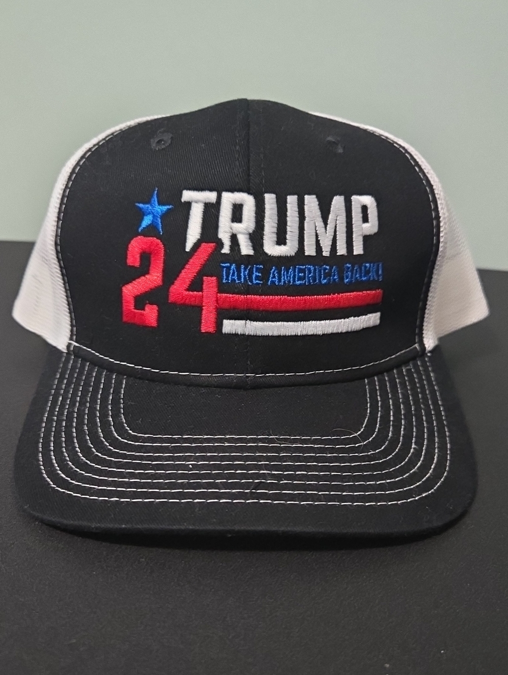 Port Authority Black and White Mesh Trump Trucker Hat with Red and Blue